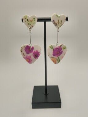 Hand Crafted Floral Pink Heart Drop Earrings